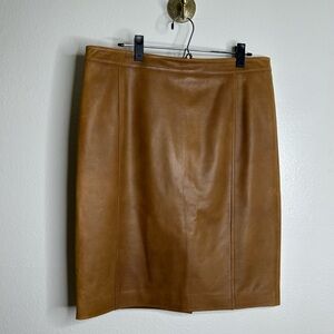 100% Lamb Skin Leather Tan Cognac Knee Length Zip Up Skirt Talbots Size 12